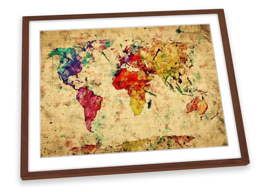 Map of the World Watercolours Grunge Framed