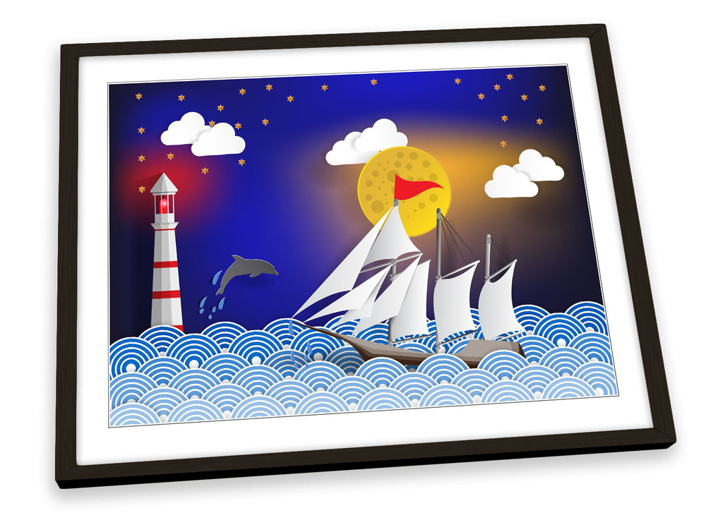 Sail Boat Yacht Lighthouse Blue Framed