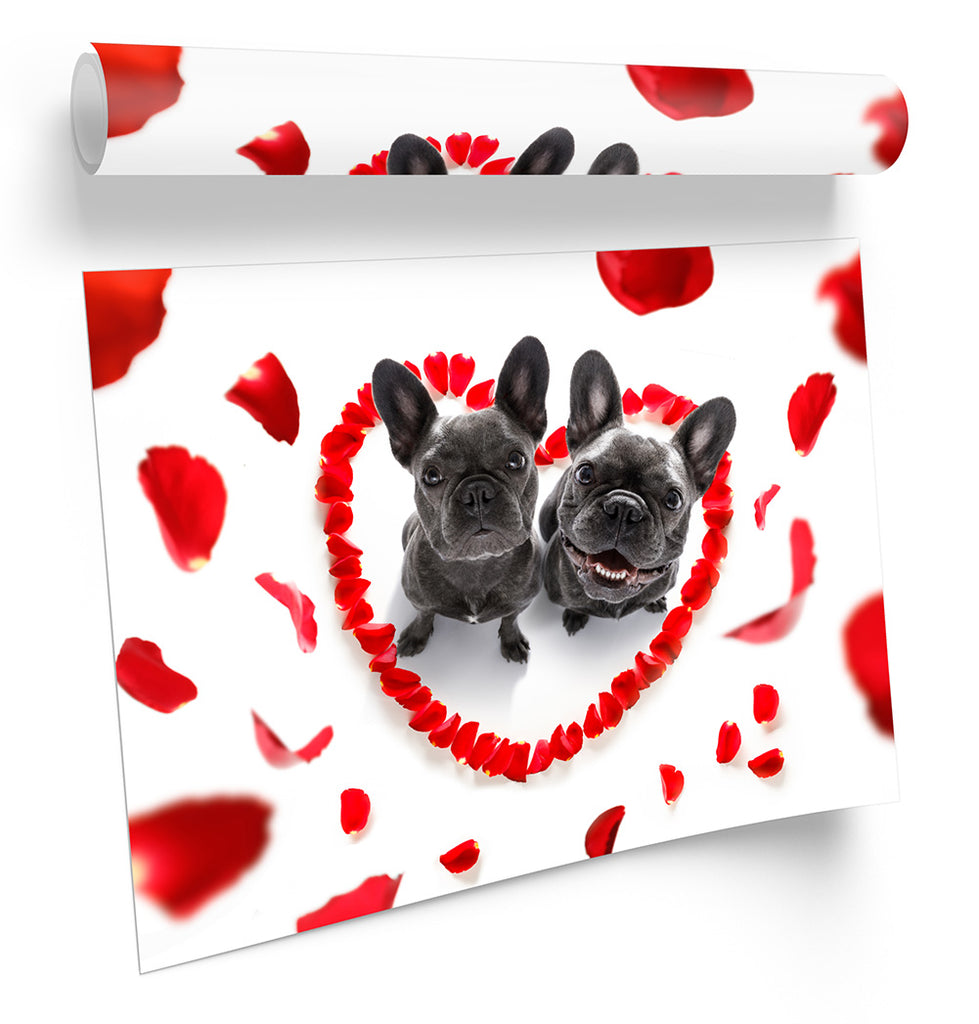 French Bulldogs Love Heart Red Framed