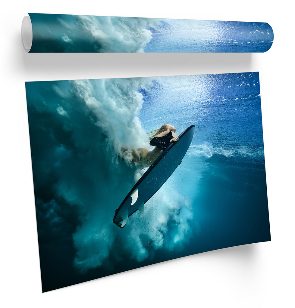 Surfer Surf Board Wave Turquoise Framed
