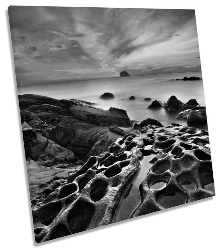 Sunset Seascape Rocky Beach B&W