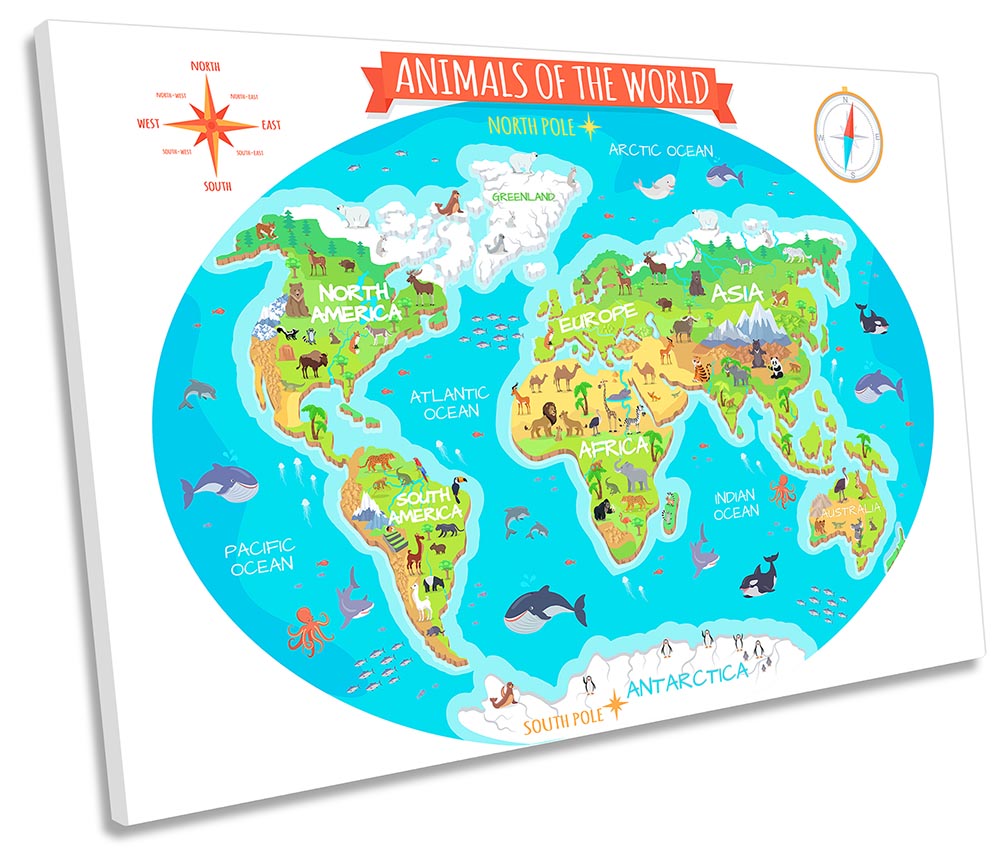 Animals of the World Map Turquoise