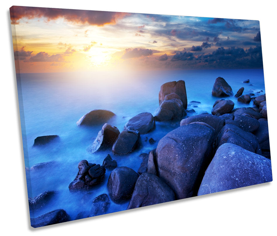 Rocky Sunset Beach Misty Seascape