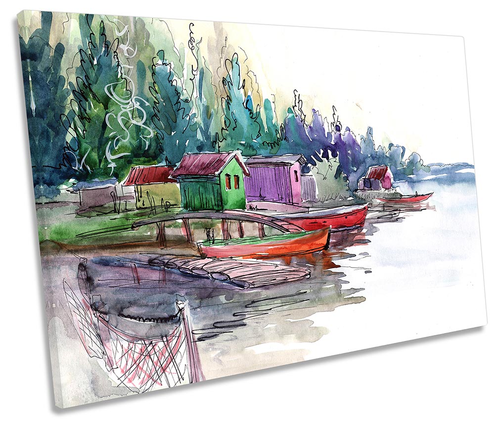 Boats Watercolour Lake Repro