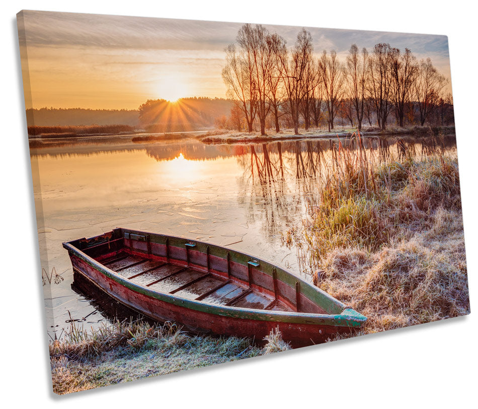 Frosty Sunset Lake Boat