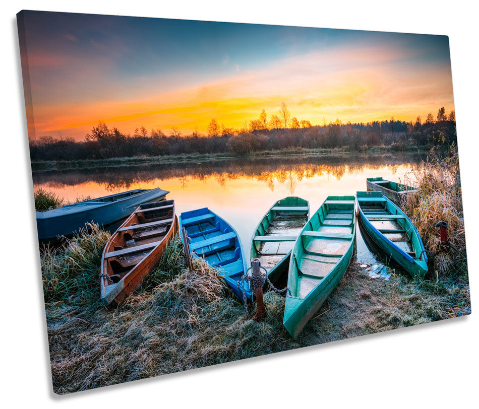 Frosty Lake Boats Sunset