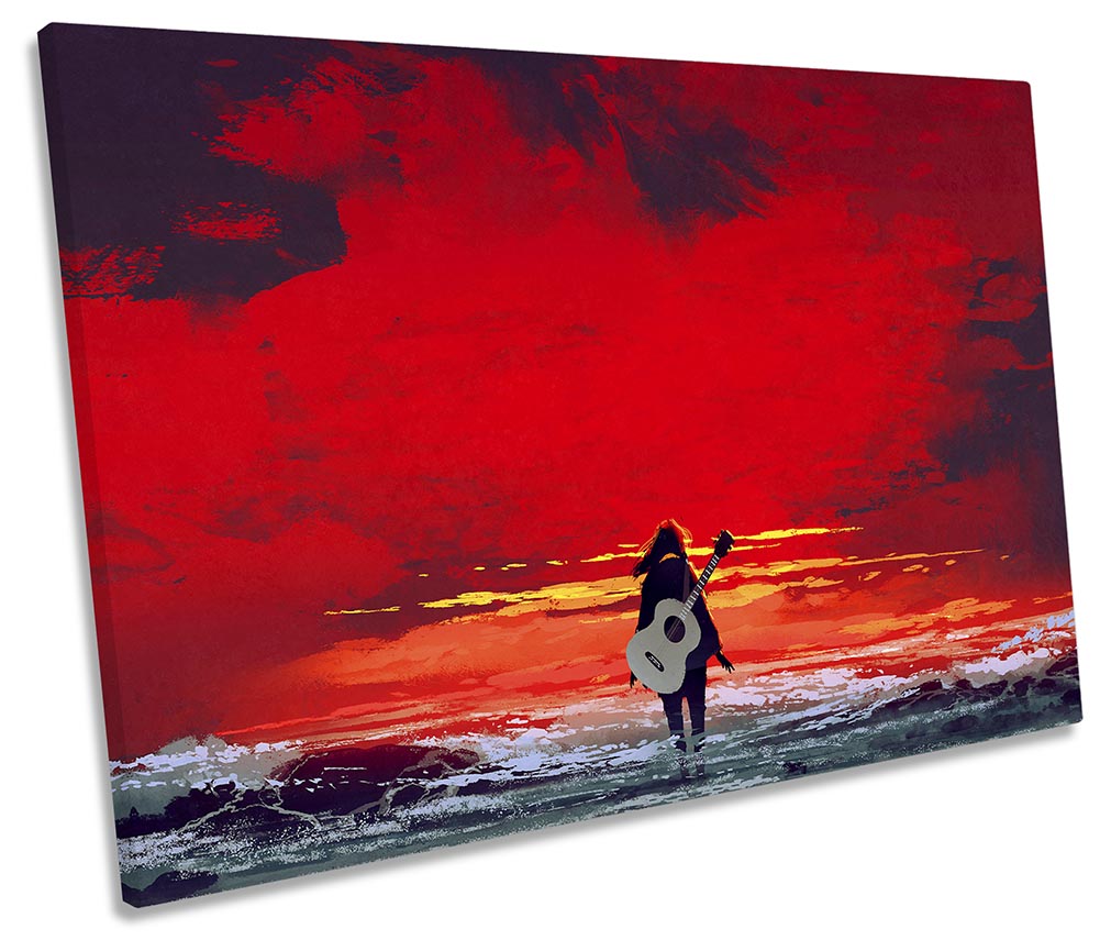 Guitar Sea Sunset Red