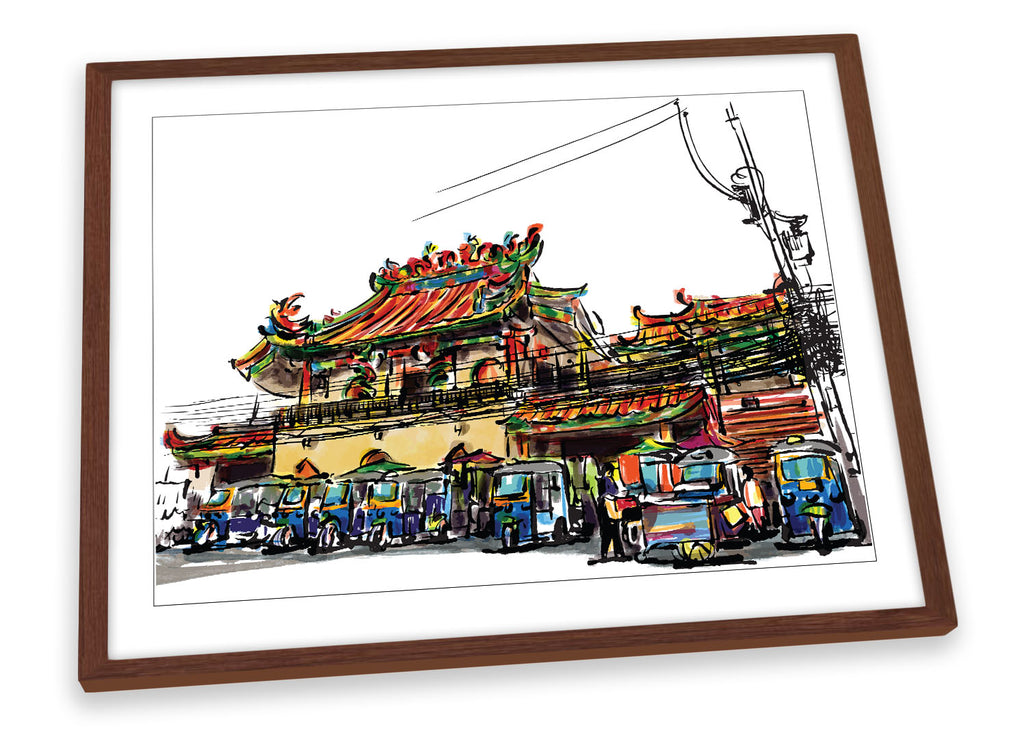 Asian Shrine Sketch Thailand White Framed