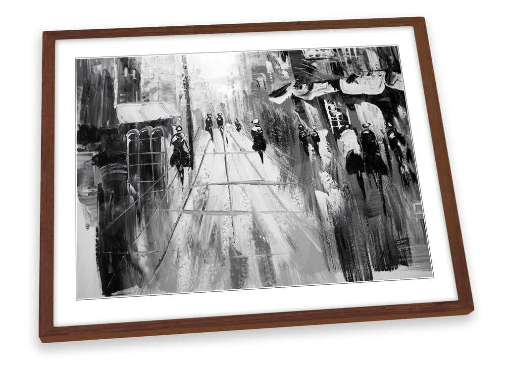 Street Scene Painting Repro Black & White Framed