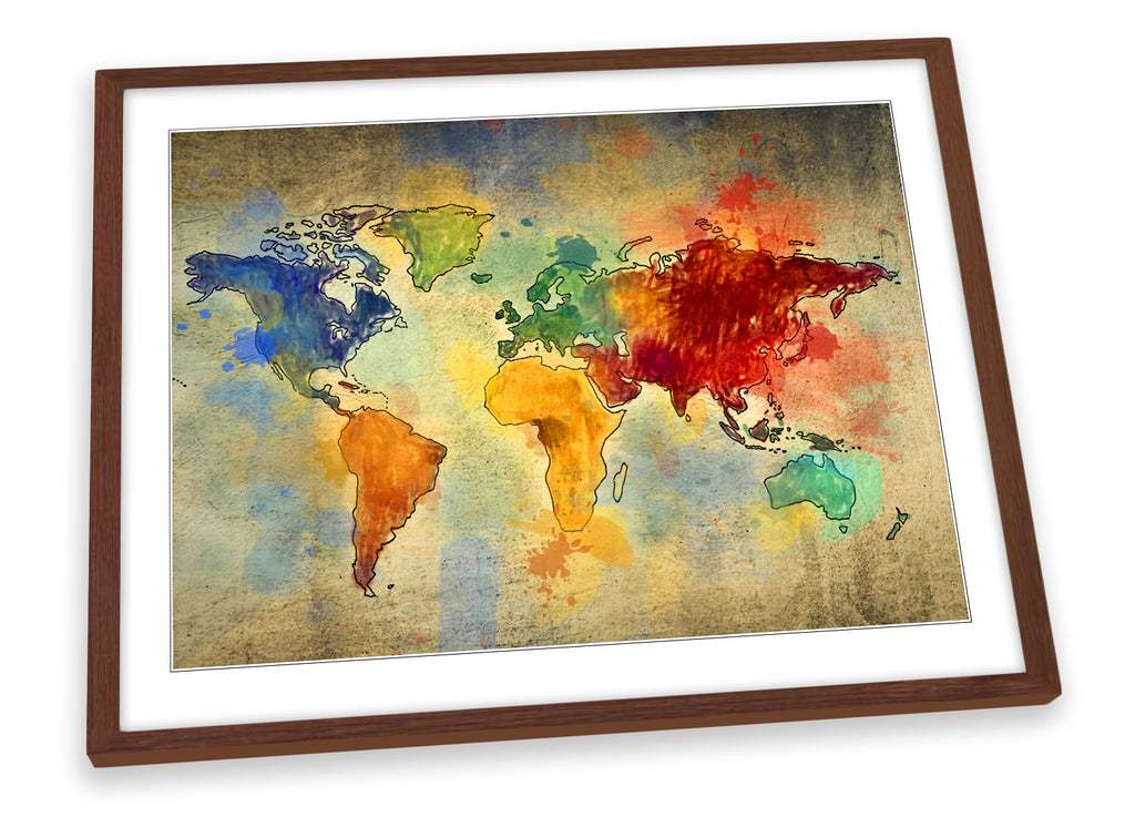Map World Grunge Multi Colour Framed