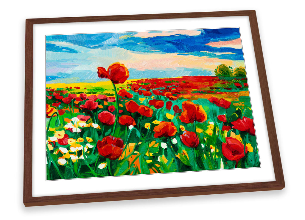 Red Poppy Flower Field Multi-Coloured Framed