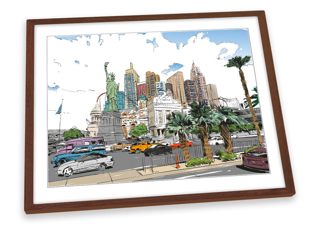 Las Vegas City Sketch Modern Multi-Coloured Framed