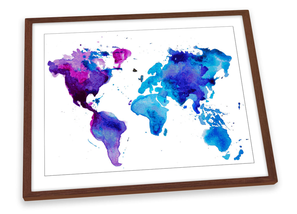World Map Watercolour Blue Framed