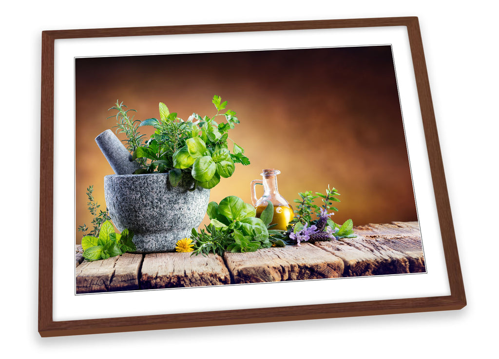 Fresh Herbs Spices Mortar Brown Framed