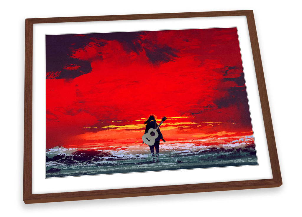 Guitar Sea Sunset Red Framed