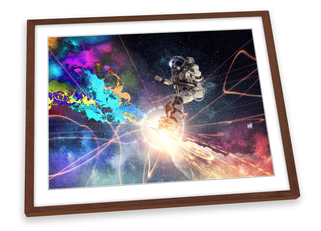 Spaceman Astronaut Surfer Multi-Coloured Framed