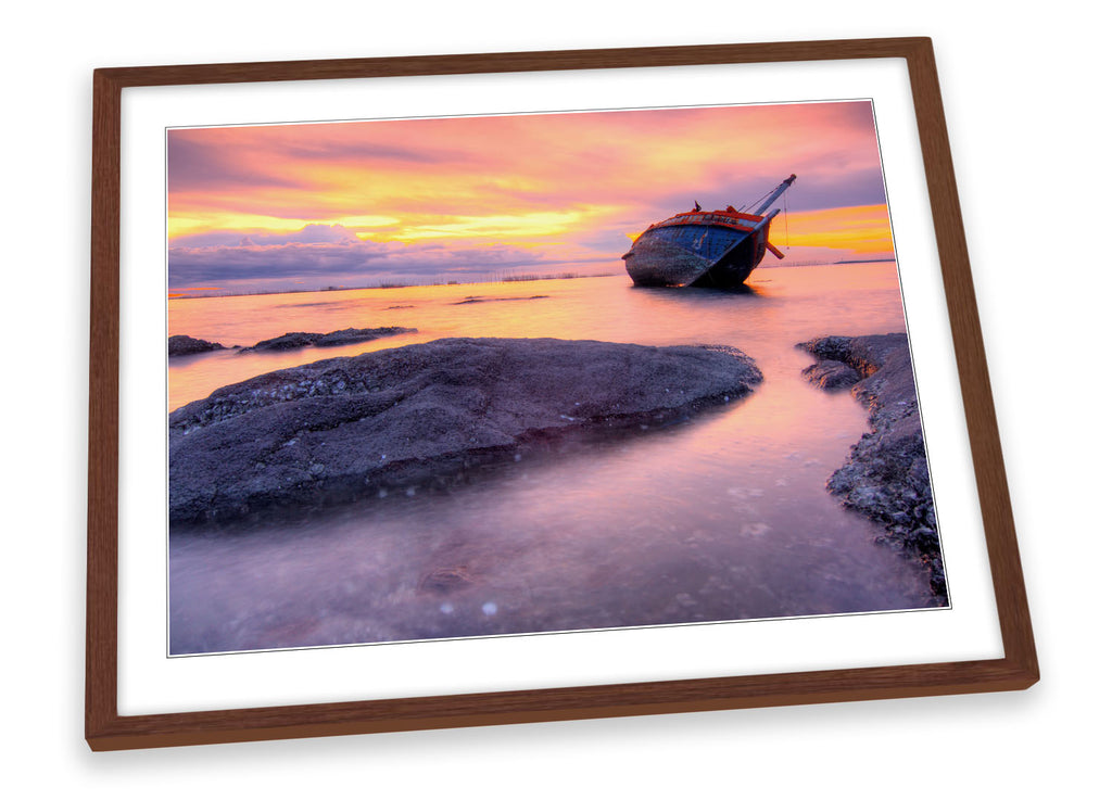 Fishing Boat Seascape Sunset Framed