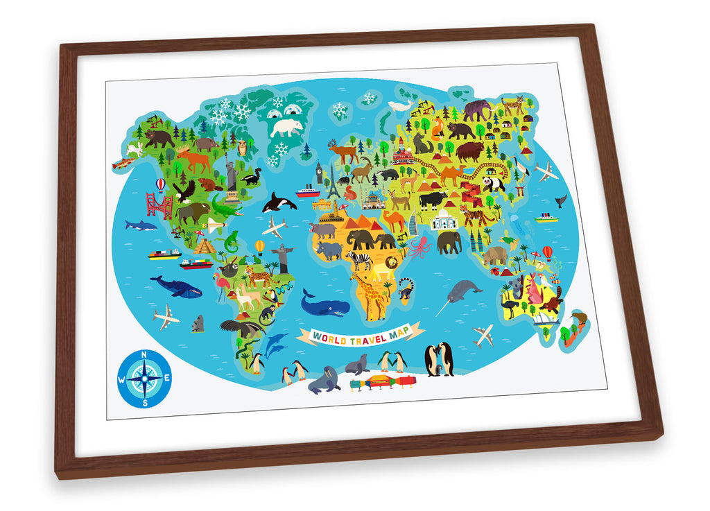 World Travel Map Kids Blue Framed