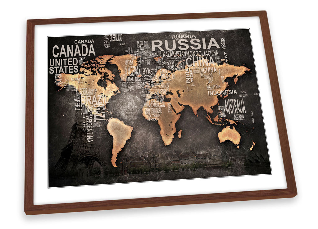 Distressed World Map Grey Framed