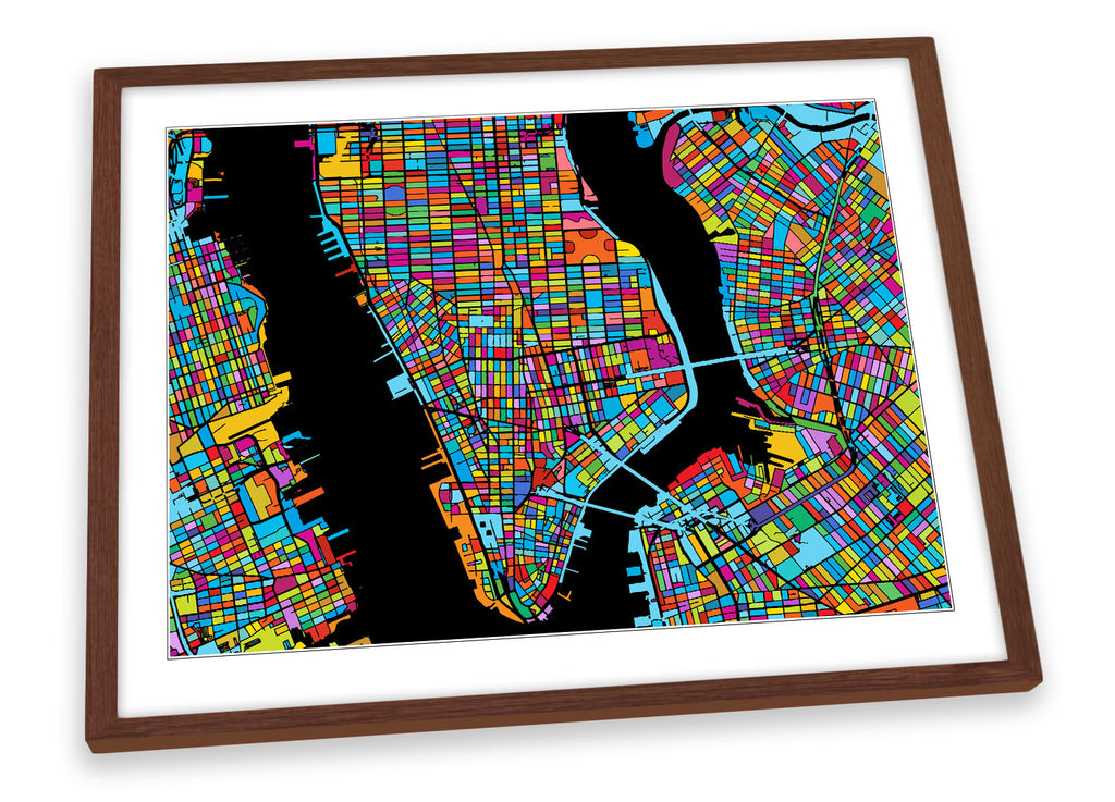 New York City Modern Map Multi-Coloured Framed