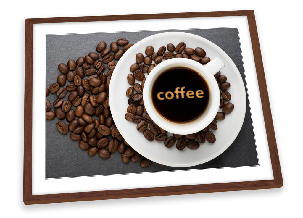 White Coffee Cup Beans Brown Framed