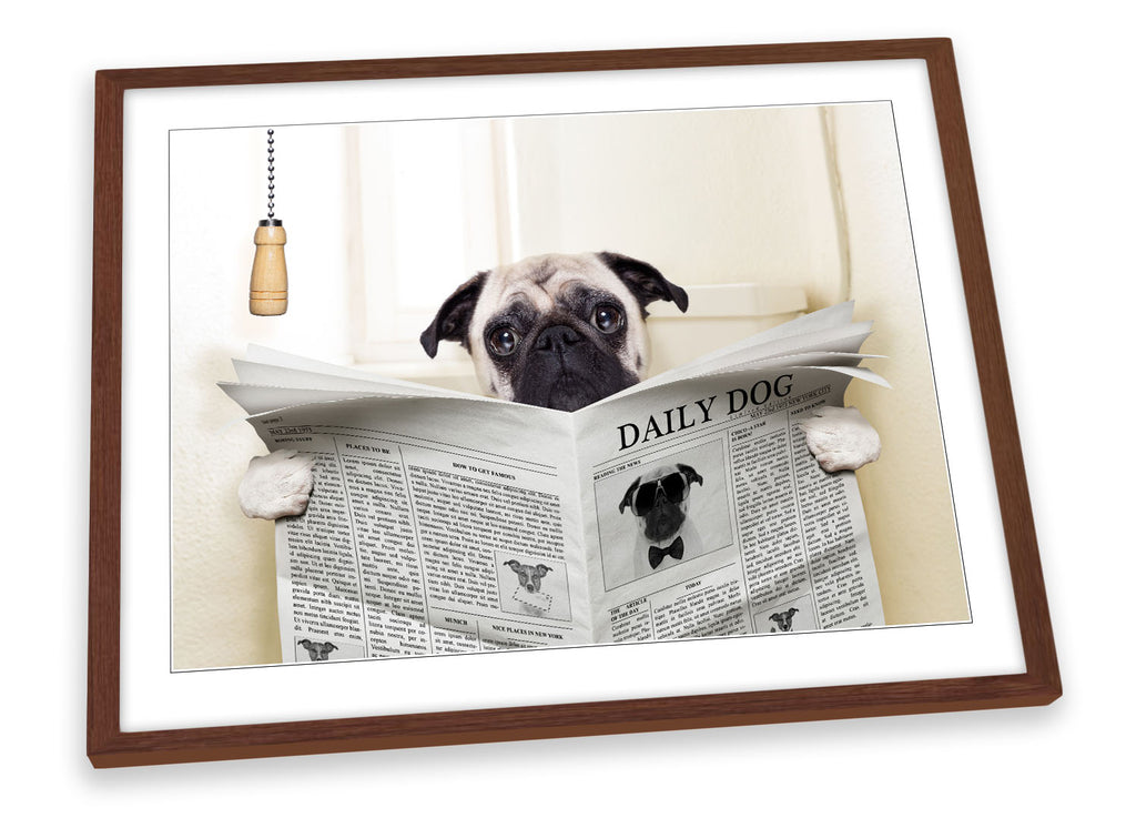 Pug Dog Newspaper Toilet Multi-Coloured Framed