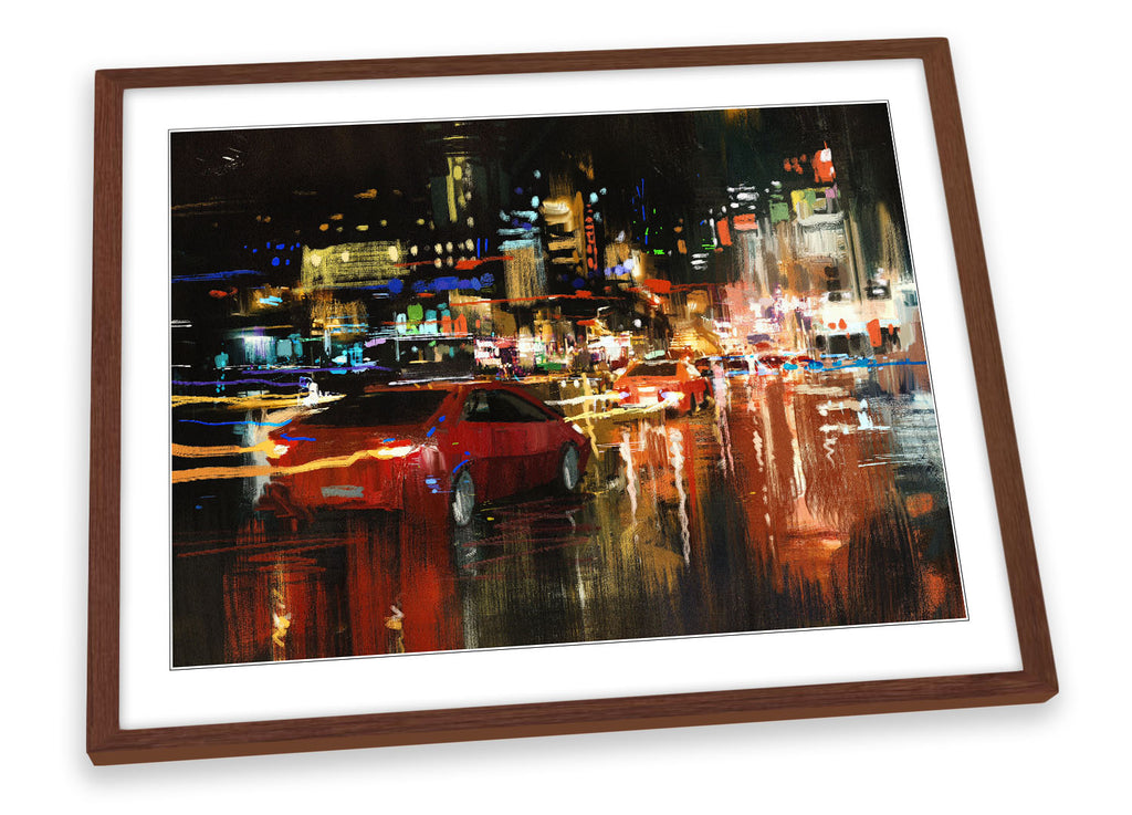 City Street Night Lights Multi-Coloured Framed