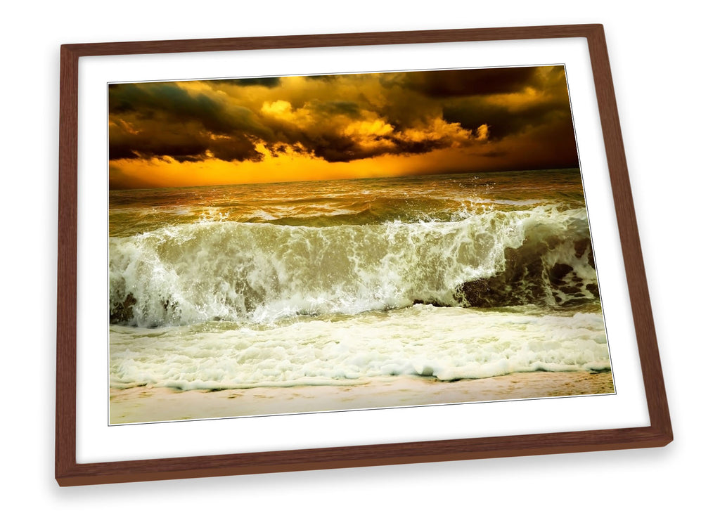 Stormy Beach Wave Sunset Framed