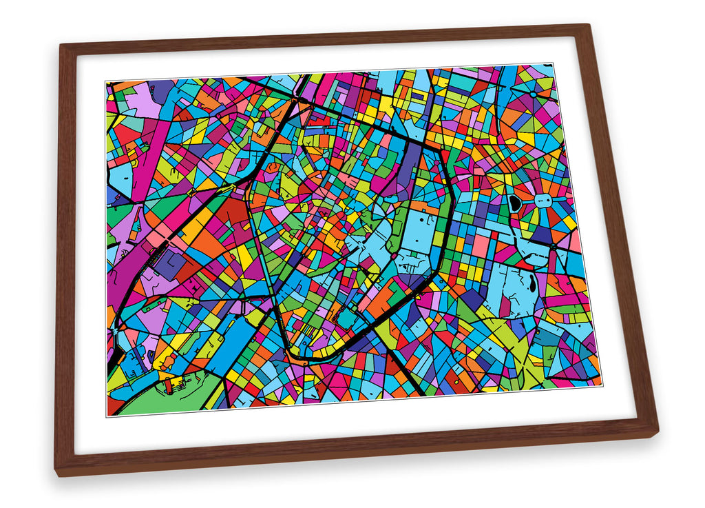 Brussels City Modern Map Multi-Coloured Framed