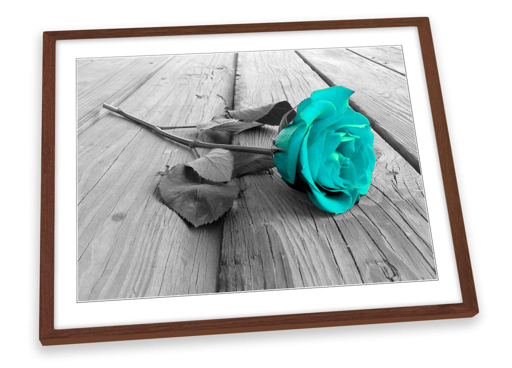 Rose Flower Floral Floorboard Turquoise Framed