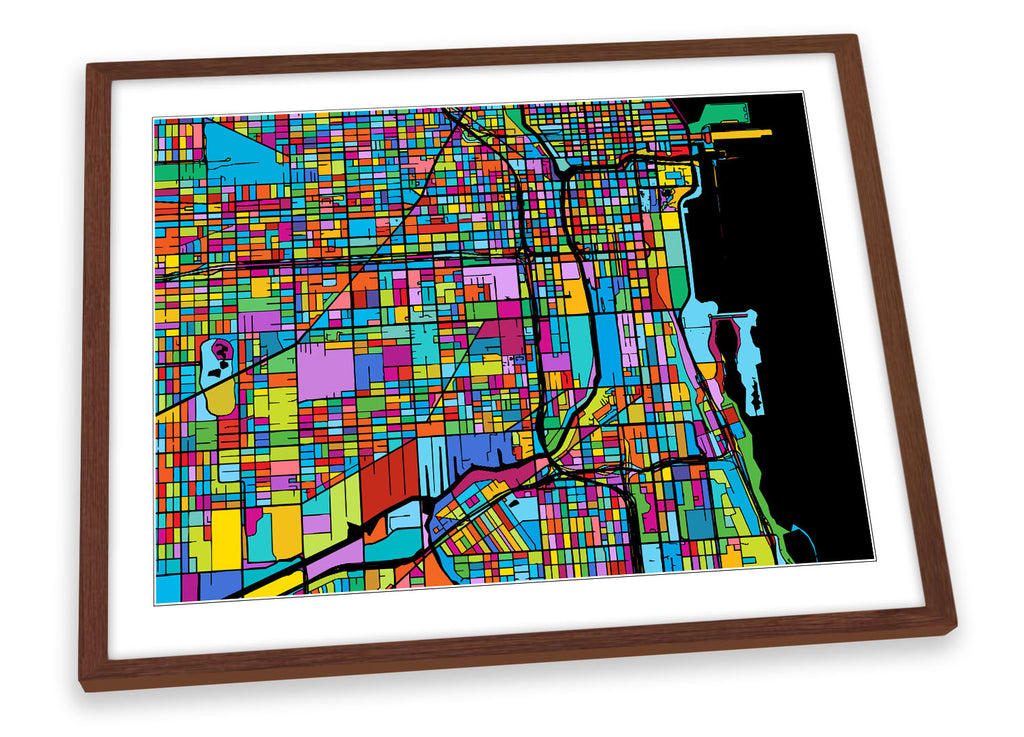 Chicago City Modern Map Multi-Coloured Framed