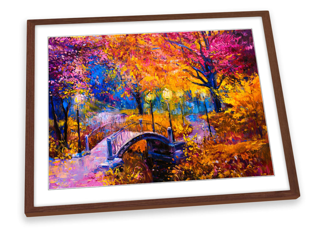 Colourful Autumn Park Bridge Multi-Coloured Framed