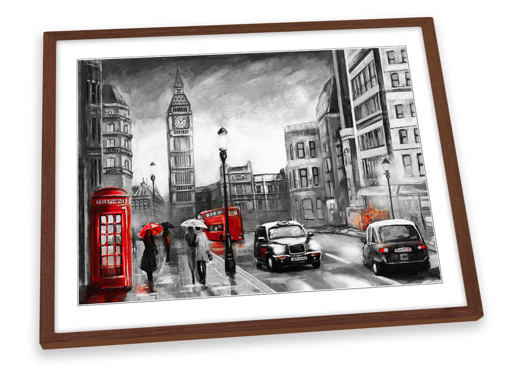 London Red Umbrella Cityscape Grey Framed