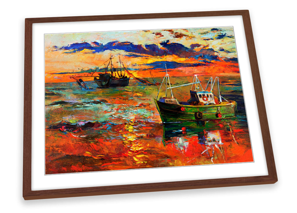 Fishing Boats Sunset Orange Framed