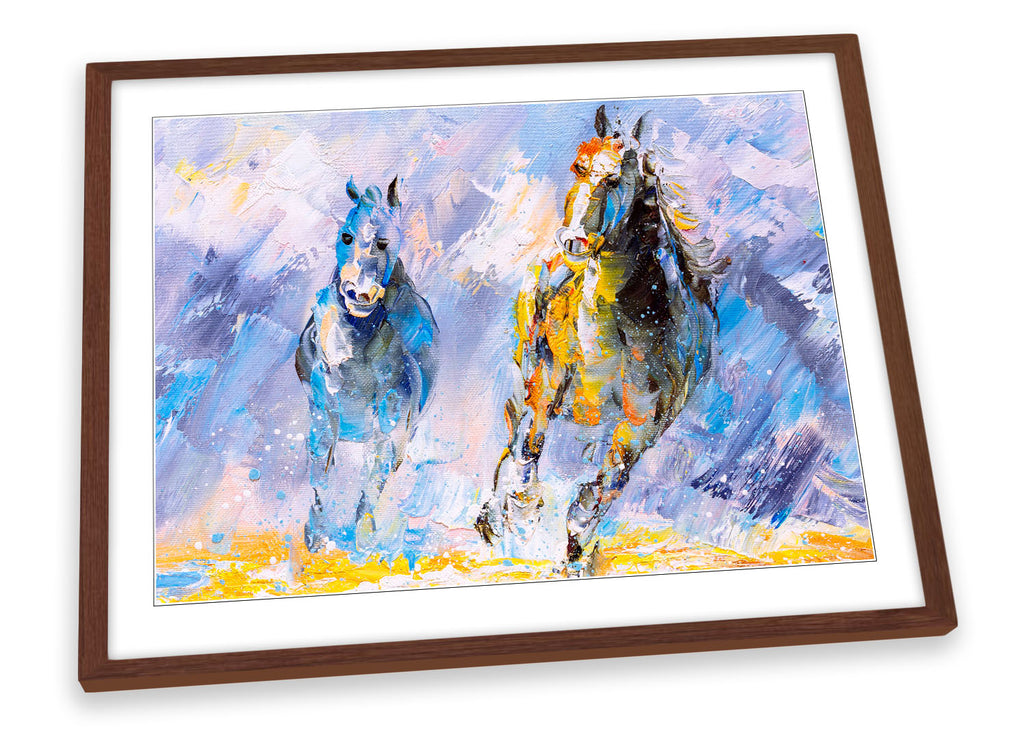 Horses Galloping Blue Repro Framed
