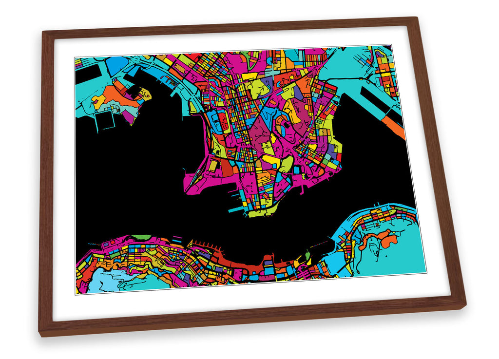 Hong Kong City Modern Map Multi-Coloured Framed