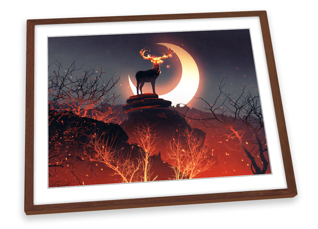 Stag Deer Moon Landscape Multi-Coloured Framed