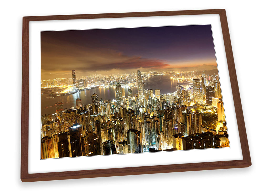 Hong Kong City Night Skyline Brown Framed