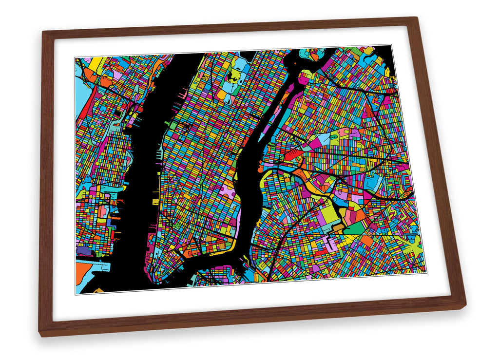 New York Mahattan Modern Map Multi-Coloured Framed