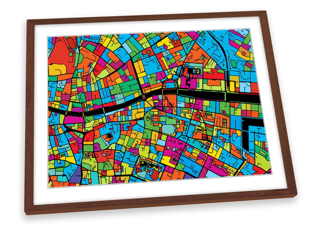 Dublin City Modern Map Multi-Coloured Framed