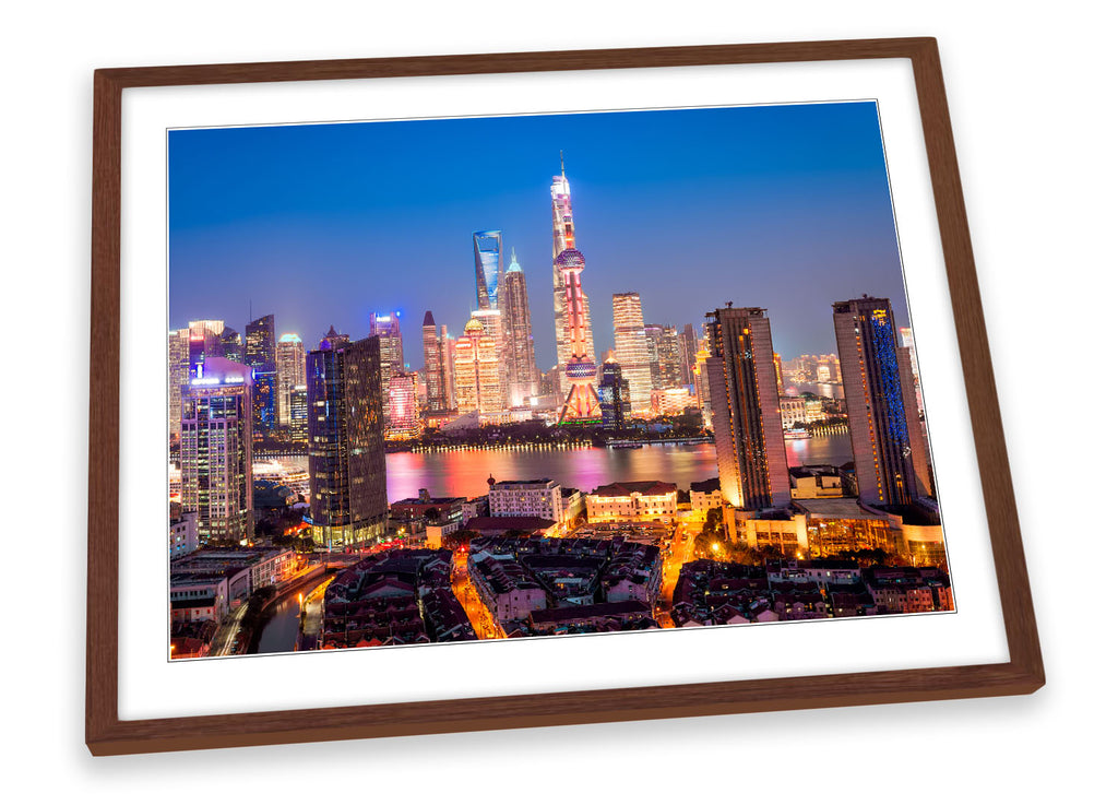 Shanghai City Skyline Blue Framed