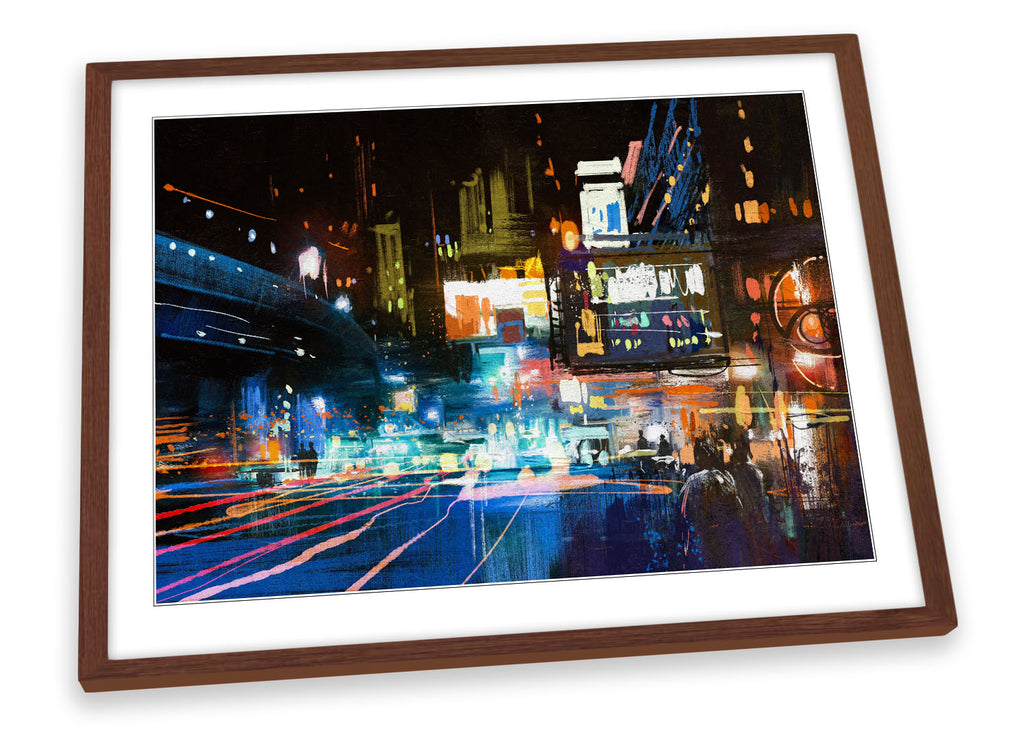 Modern Urban City Life Night Multi-Coloured Framed