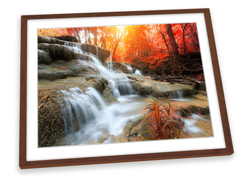 Forest Waterfall Sunset Red Framed