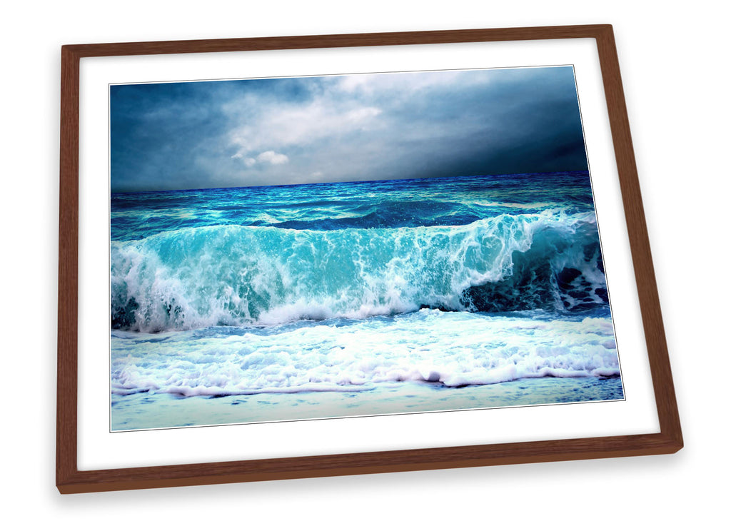 Stormy Beach Wave Seascape Blue Framed