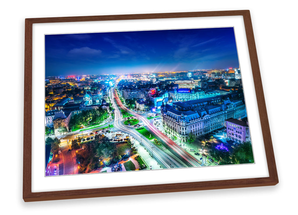 Bucharest City Skyline Blue Framed