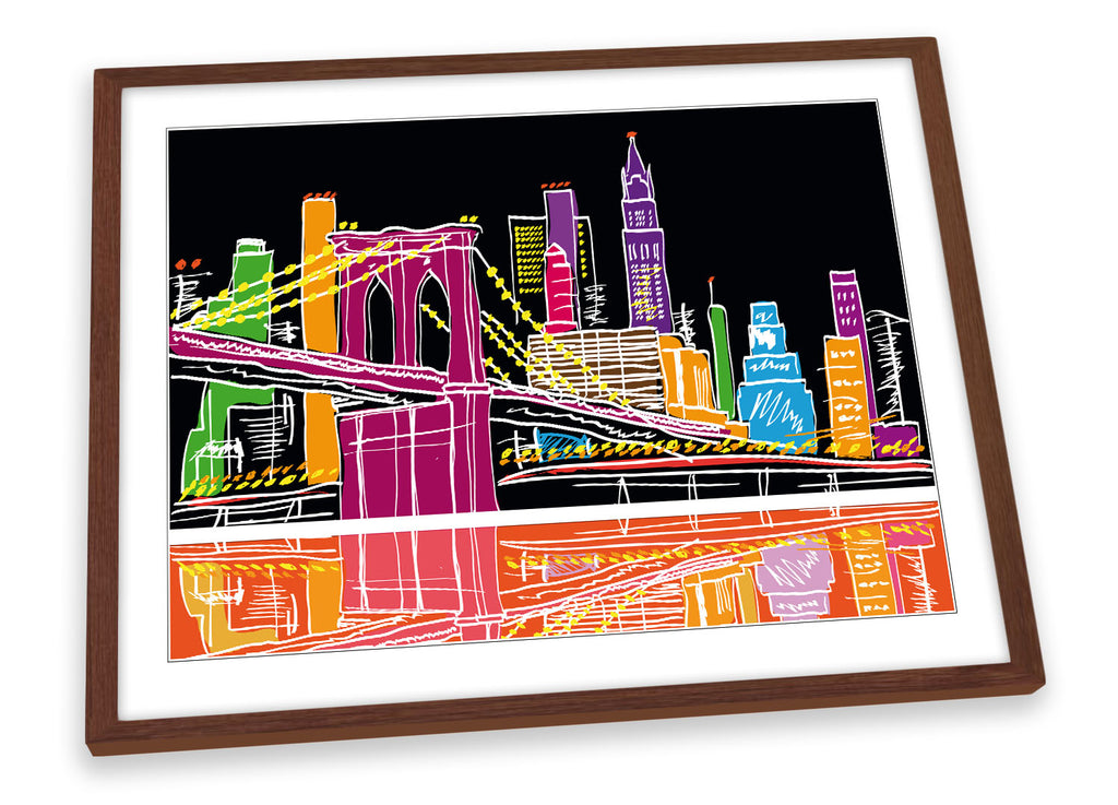 New York City Modern Illustration Multi-Coloured Framed