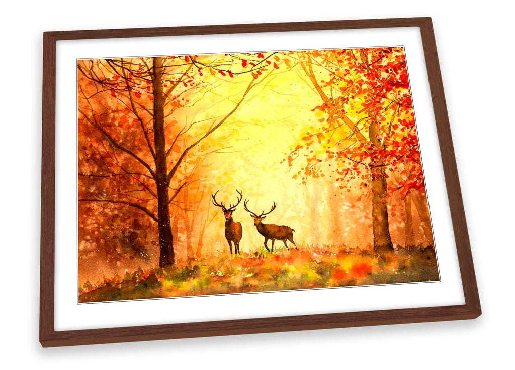 Stag Deers Forest Sunset Yellow Framed