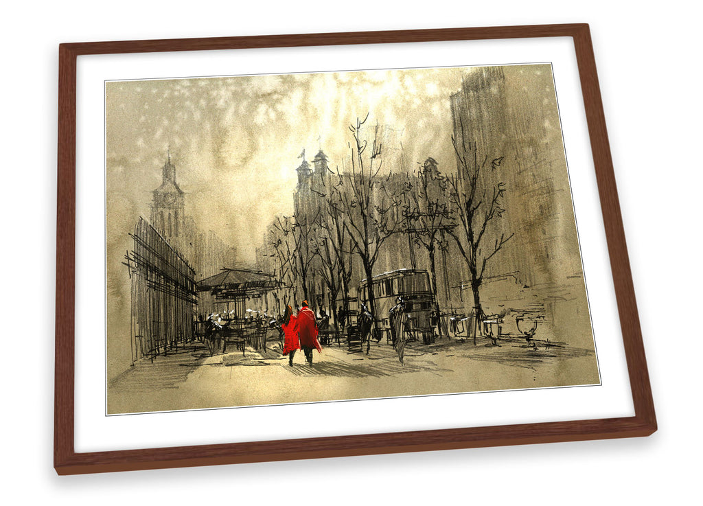 Couple in Red Street City Sketch Brown Framed