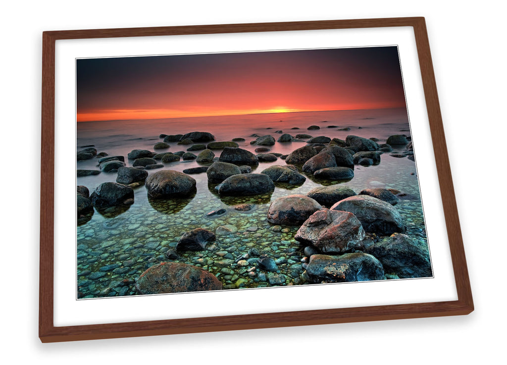 Rocky Seascape Sunset Scene Framed