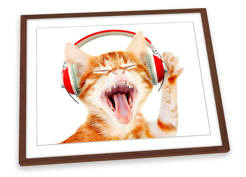 Cat Headphones Music Orange Framed